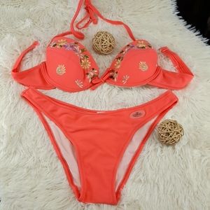 - 2 PC Embroidered Salmon Pink Bikini Size Medium